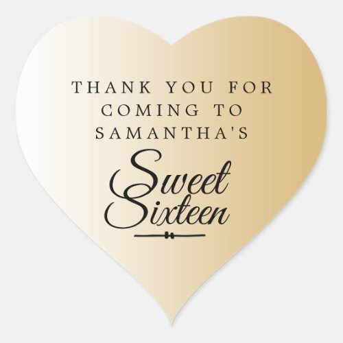 Sweet 16 Shiny Gold Ombre Thank You Custom Name Heart Sticker