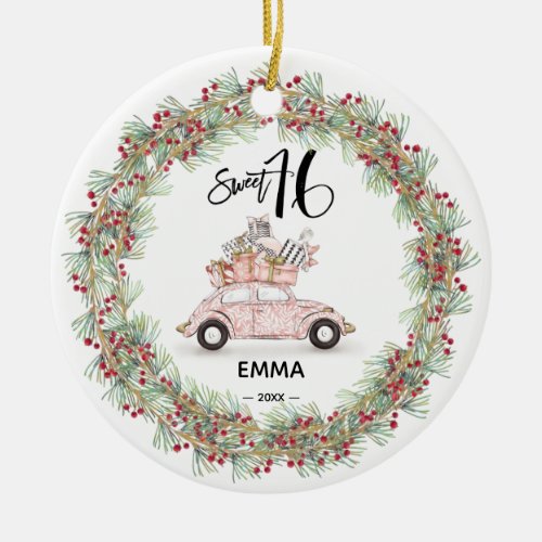 Sweet 16 Signature Script Car Photo Greenery Ceramic Ornament