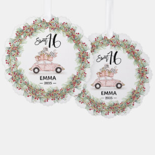 Sweet 16 Signature Script Car Pink Greenery Ornament Card