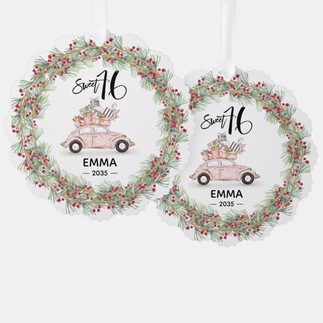 Sweet 16 Signature Script Car Pink Greenery Ornament Card (Front/Back)