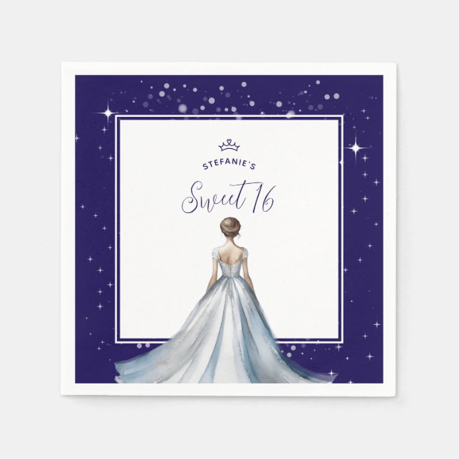 Sweet 16 Silver Ball Gown Dress Navy Blue Birthday Napkins (Front)