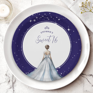 Sweet 16 Silver Ball Gown Dress Navy Blue Birthday Paper Plates