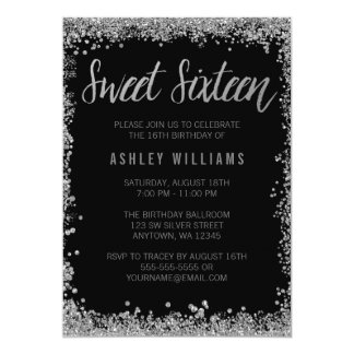 Sweet 16 Silver Black Faux Glitter Birthday Card