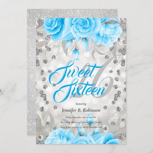 Sweet 16  Silver Blue Floral Glitter  Birthday Invitation