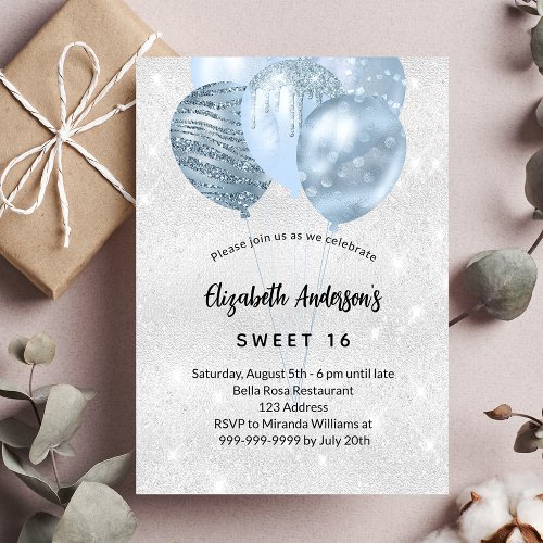 Sweet 16 silver blue glitter balloons glamorous invitation postcard