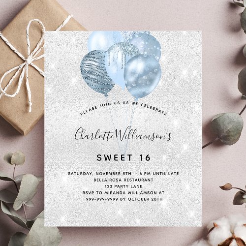 Sweet 16 silver blue glitter balloons invitation