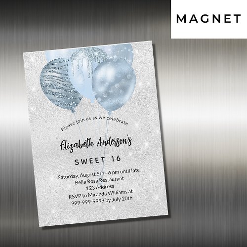 Sweet 16 silver blue glitter balloons luxury magnetic invitation