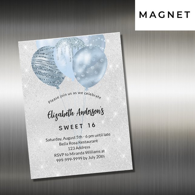 Sweet 16 silver blue glitter balloons luxury magnetic invitation (Creator Uploaded)