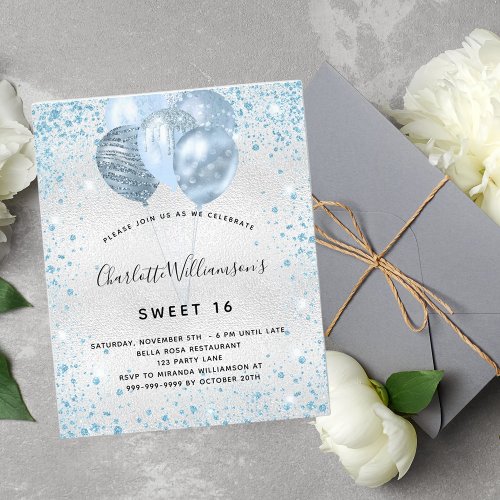 Sweet 16 silver blue glitter budget invitation flyer