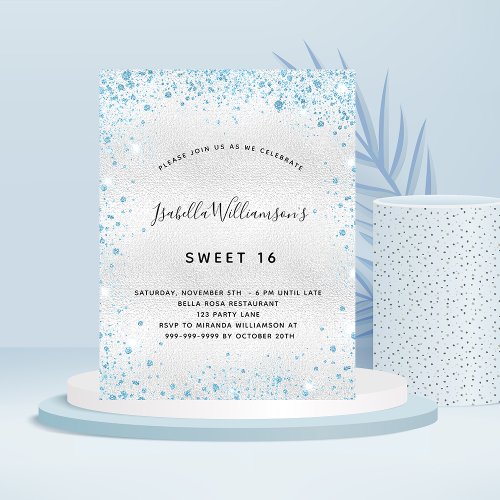 Sweet 16 silver blue glitter budget invitation flyer