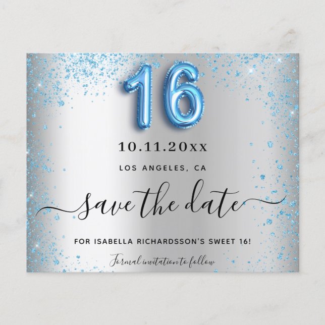 Sweet 16 silver blue glitter budget save the date flyer (Front)