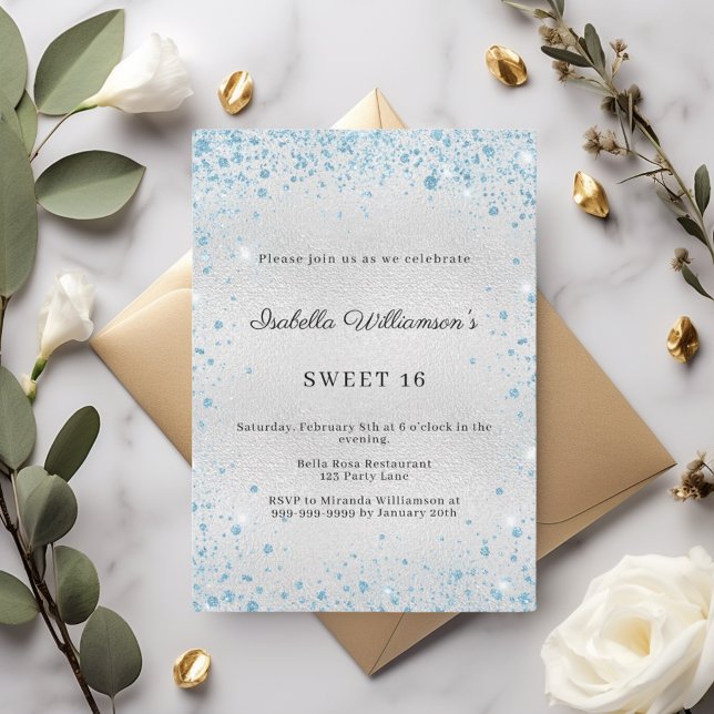 Sweet 16 silver blue glitter elegant party invitation (Creator Uploaded)