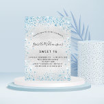 Sweet 16 silver blue glitter elegant party invitation<br><div class="desc">For an elegant Sweet 16,  16th birthday.  A faux silver metallic looking background.  Decorated with blue faux glitter dust. Personalize and add a name,  age and party details. The name is written with a hand lettered style script</div>