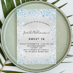 Sweet 16 silver blue glitter elegant party invitation<br><div class="desc">For an elegant Sweet 16,  16th birthday.  A faux silver metallic looking background.  Decorated with blue faux glitter dust. Personalize and add a name,  age and party details. The name is written with a hand lettered style script</div>