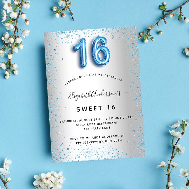 Sweet 16 silver blue glitter glamorous invitation (Creator Uploaded)