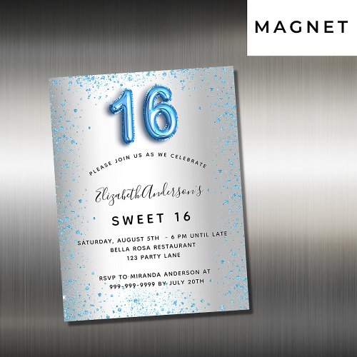 Sweet 16 silver blue glitter invitation magnet