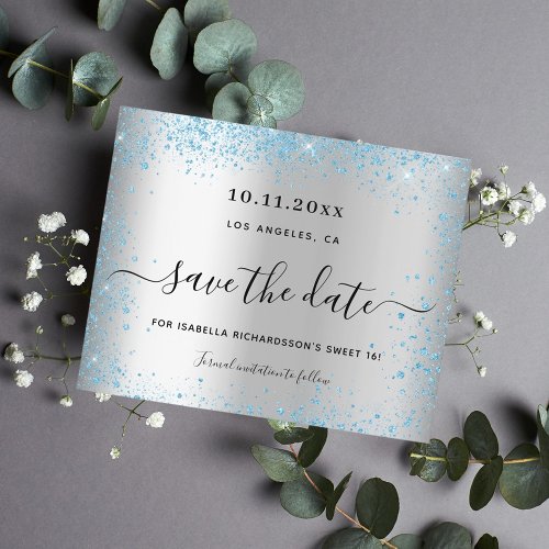 Sweet 16 silver blue save the date card