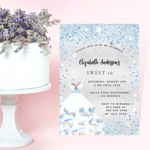 Sweet 16 silver blue sparkles party invitation postcard
