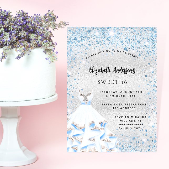 Sweet 16 silver blue sparkles party invitation postcard (Creator Uploaded)