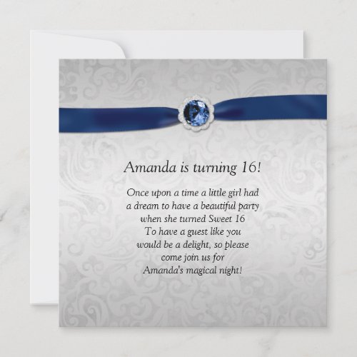 Sweet 16 Silver Damask Blue Ribbon  Gemstone Invitation