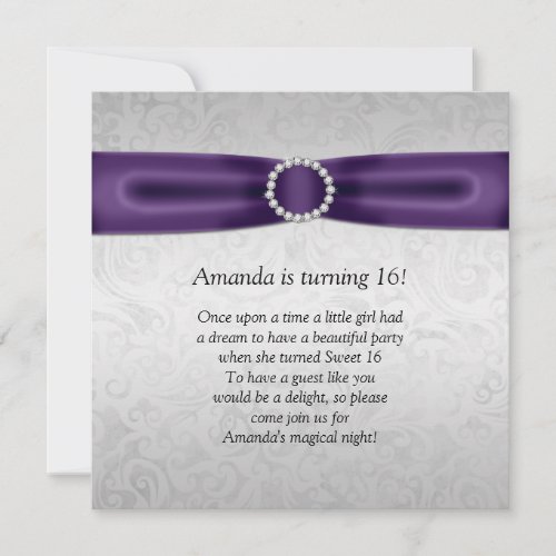 Sweet 16 Silver Damask Purple Ribbon Diamonds Invitations