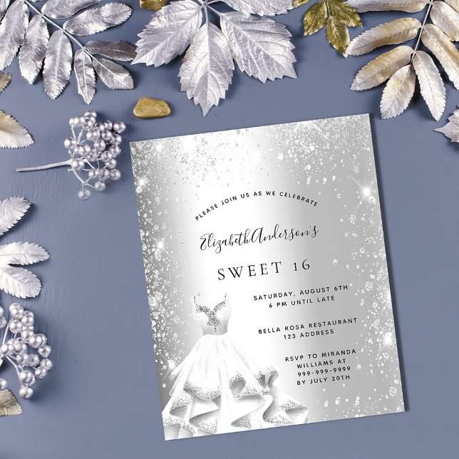 Sweet 16 silver dress glitter budget invitation (Creator Uploaded)