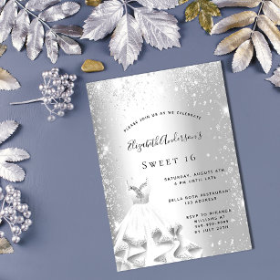 Sweet 16 silver dress glitter glamorous invitation