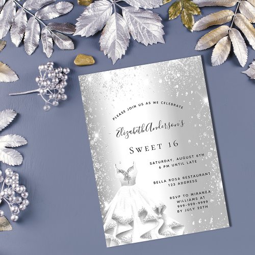 Sweet 16 silver dress glitter luxury invitation