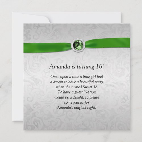 Sweet 16 Silver Emerald Green Ribbon Gemstone Personalized Invitations