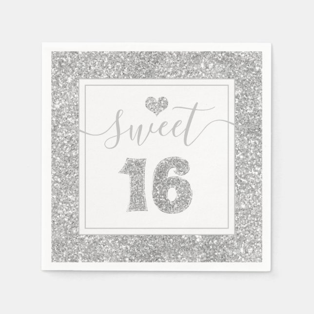Sweet 16 Silver Faux Glitter Birthday Party Napkins (Front)
