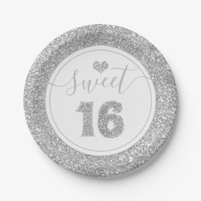 Sweet 16 Silver Faux Glitter Birthday Party Paper Plates (Front)