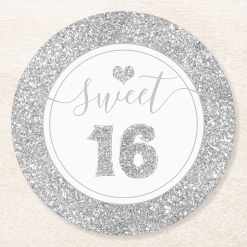 Sweet 16 Silver Faux Glitter Birthday Party Round Paper Coaster