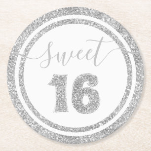 Sweet 16 Silver Faux Glitter Stripe Birthday Party Round Paper Coaster