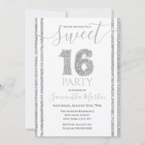 Sweet 16 Silver Faux Glitter Striped Birthday Invitation