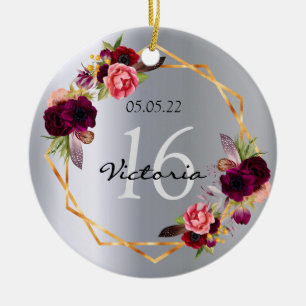 Sweet 16 silver floral geometric burgundy name ceramic ornament