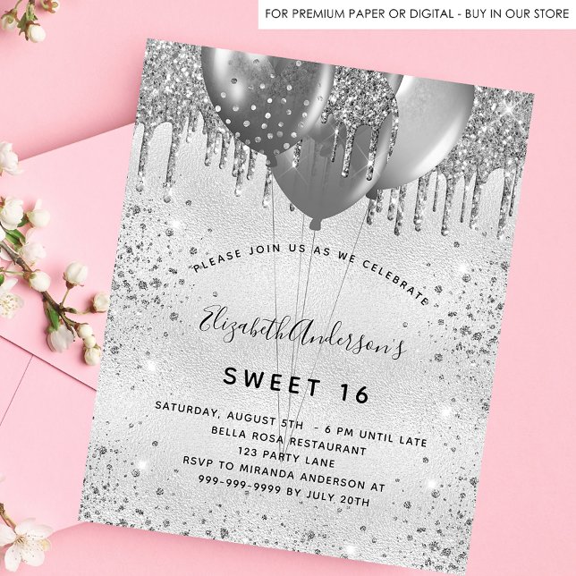 Sweet 16 silver glitter birthday invitation postcard (Creator Uploaded)