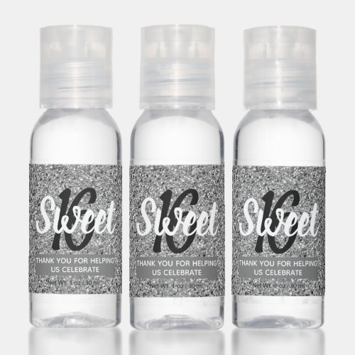 Sweet 16 Silver Glitter Birthday Party Favor Hand Sanitizer