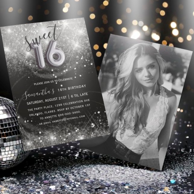 Sweet 16 Silver Glitter & Black Birthday Party Invitation (Creator Uploaded)