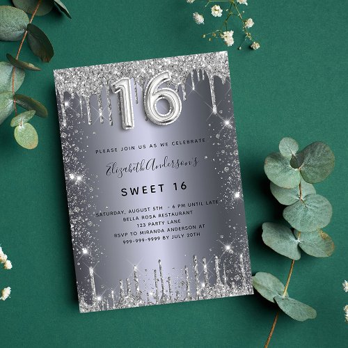 Sweet 16 silver glitter drips luxury invitation