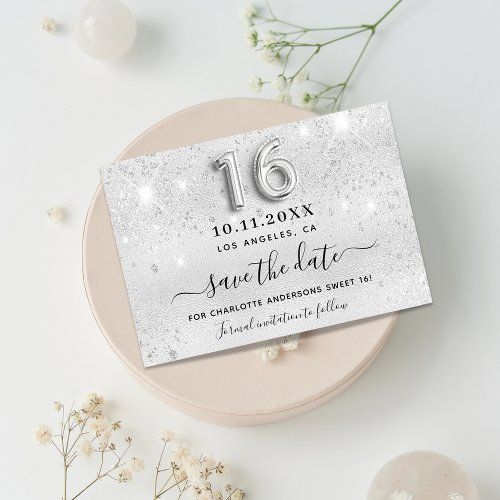 Sweet 16 silver glitter drips party save the date