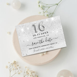 Sweet 16 silver glitter drips party save the date announcement postcard