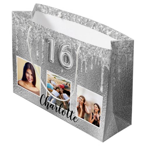 Sweet 16 silver glitter drips photo monogram 16th large gift bag