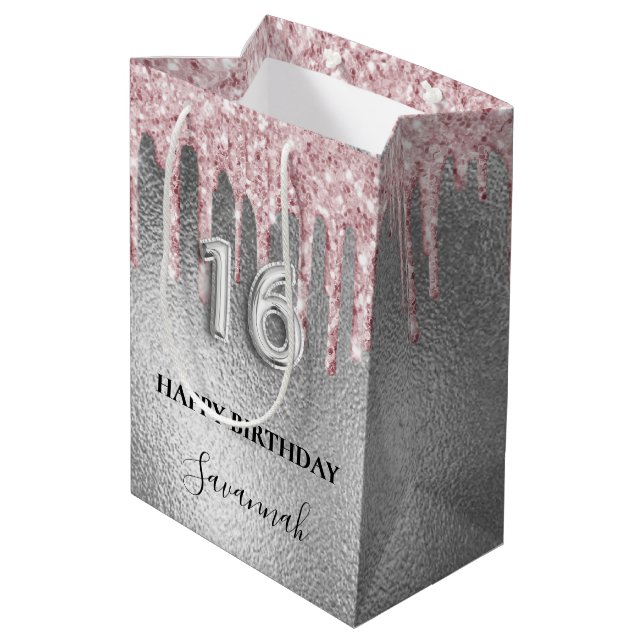 Sweet 16 silver glitter drips pink monogram 16th medium gift bag (Back Angled)