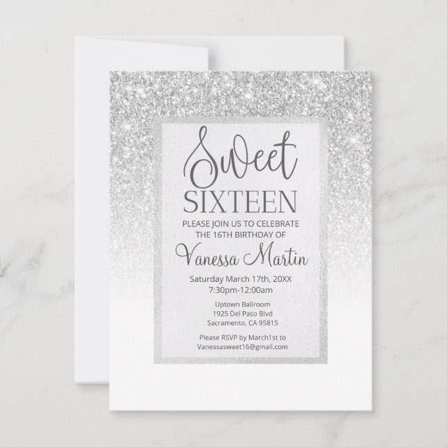 Sweet 16 Silver Glitter Glamorous Party Invitation (Front)