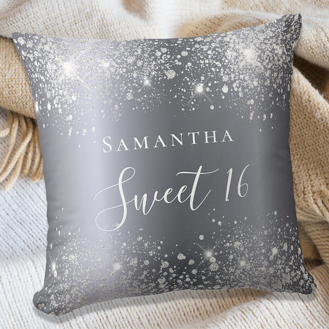 Sweet 16 silver glitter name script throw pillow (Creator Uploaded)
