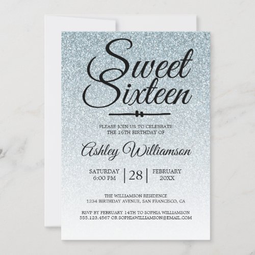 Sweet 16 Silver Glitter Ombre 16th Birthday  Invitation