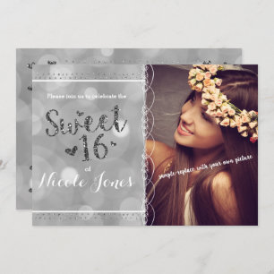 SWEET 16 Silver Glitter Party Photo Invitation
