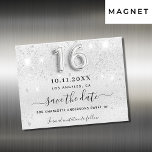 Sweet 16 silver glitter party save the date magnet<br><div class="desc">A girly and trendy Save the Date magnetic card for a Sweet 16, 16th birthday party. A faux silver looking background decorated with faux glitter drips, paint dripping look. Personalize and add a date and name. Black colored letters. The text: Save the Date is written with a large trendy hand...</div>