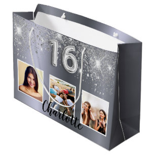 Sweet 16 silver glitter photo large gift bag