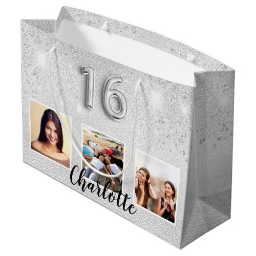 Sweet 16 silver glitter photo monogram large gift bag